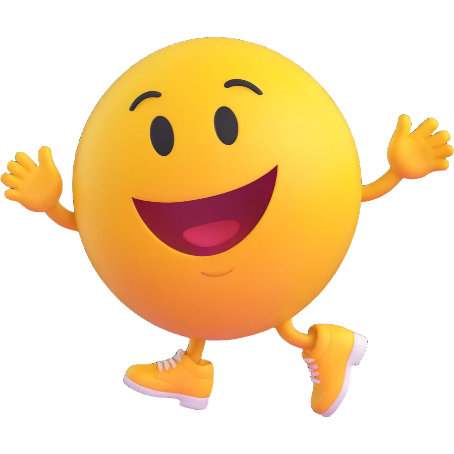 3D smiley emoji, round shape, student dancing at university party, red color, cheerful face emoji
