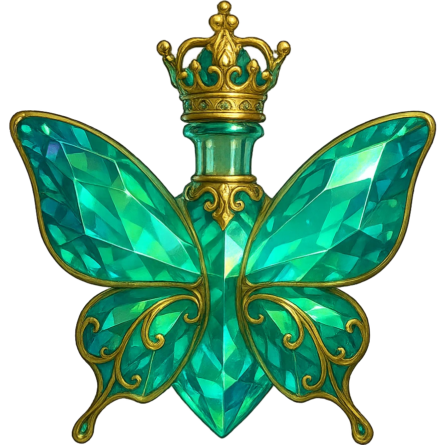crystal butterfly-shaped bottle with short neck and princess crown, green and blue colors, many facets, glowing, ornaments, golden details, transparent background, floating in air, no base or shadow, very close to original emoji