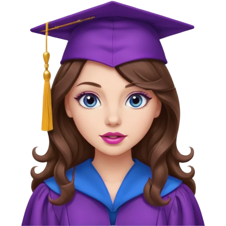 girl with gorgeous curled long brown hair, blue eyes, long lashes makeup, sexy pink lips, wearing a purple graduation cap and gown emoji