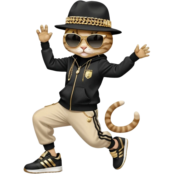 female cat dressed like Run DMC in tracksuit, fedora, Adidas shoes, dark sunglasses, lots of gold chains and bling accessories, break dancing emoji