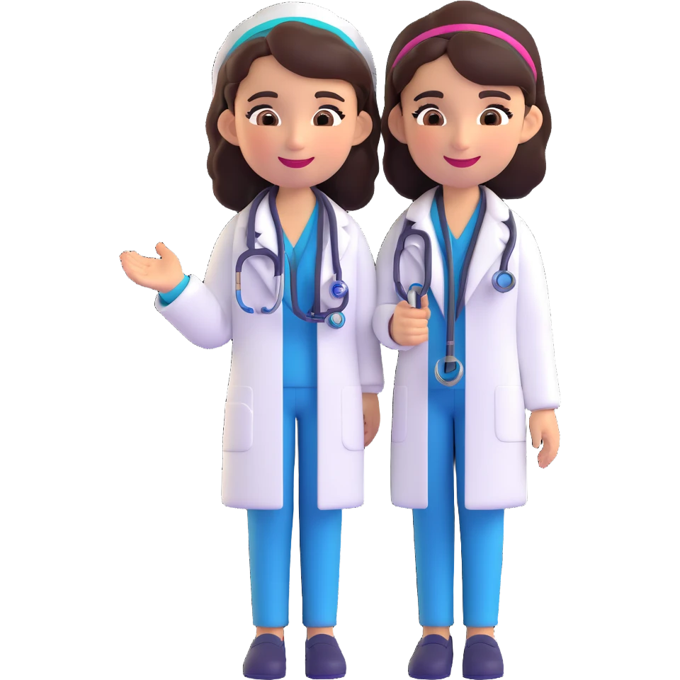 cute Mexican doctor girl, smiling, wearing white coat, stethoscope, colorful accessories, warm friendly expression, 3D cartoon style emoji