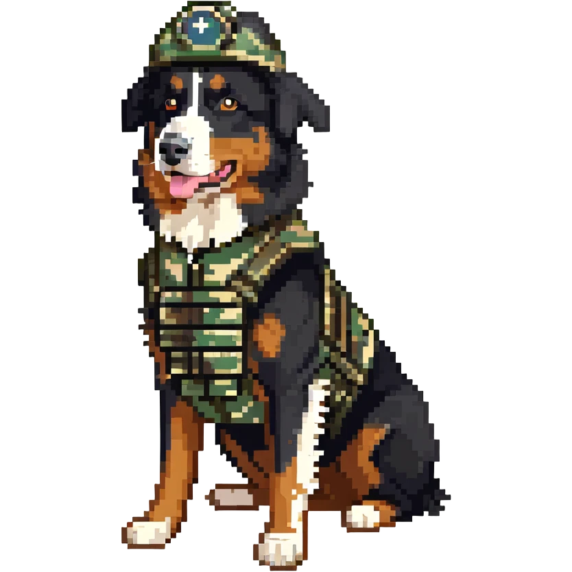 black-tri Mini American Shepherd in a camo green soldier uniform and green helmet emoji
