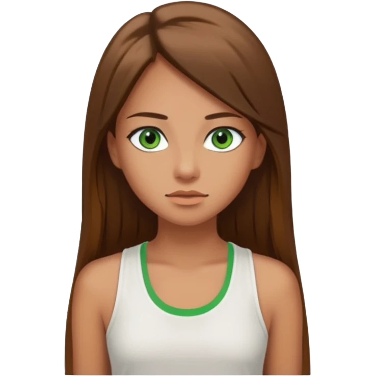 A girl with long brown straight hair, green eyes, and a white tank top; she doesn't have bangs. tan skin emoji