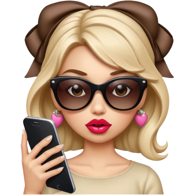 Girl with huge lips, sunglasses, bow on her hair, holding a phone with attitude emoji