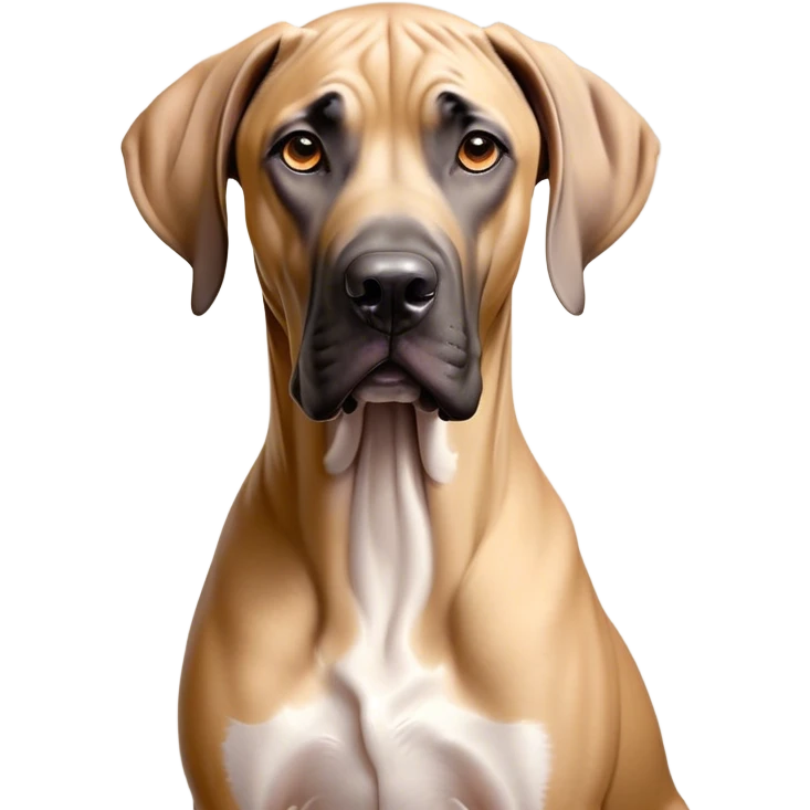 Cinematic Noble Fawn Great Dane Portrait Emoji, Poised and regal, with a towering, muscular build and a sleek, well-groomed solid fawn coat accented by subtle dark markings, deep-set soulful amber eyes, Simplified yet sharp and sophisticated features, highly detailed, glowing with a soft, dignified glow, high shine, intelligent and gentle, stylized with an air of majesty, focused and attentive, soft glowing outline, capturing the essence of a watchful and confident guardian, so majestic it feels as though it could stride out of the screen with effortless authority! emoji