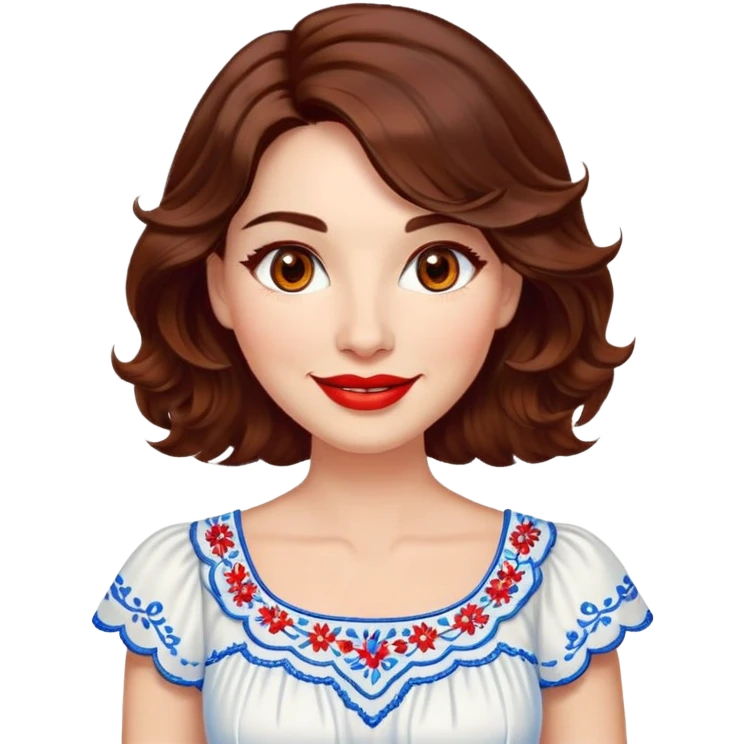 Professional woman at 40 with bright complexion, round face, big lively light brown eyes, wide friendly smile, vibrant red lips, voluminous wavy dark brown hair to shoulders, white summery dress with blue embroidery and electric blue neckline emoji