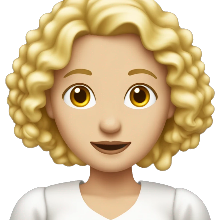 Stehende blonde Frau mit lockigen Haaren und Augenfarbe rot, trägt ein weißes langes Kleid emoji