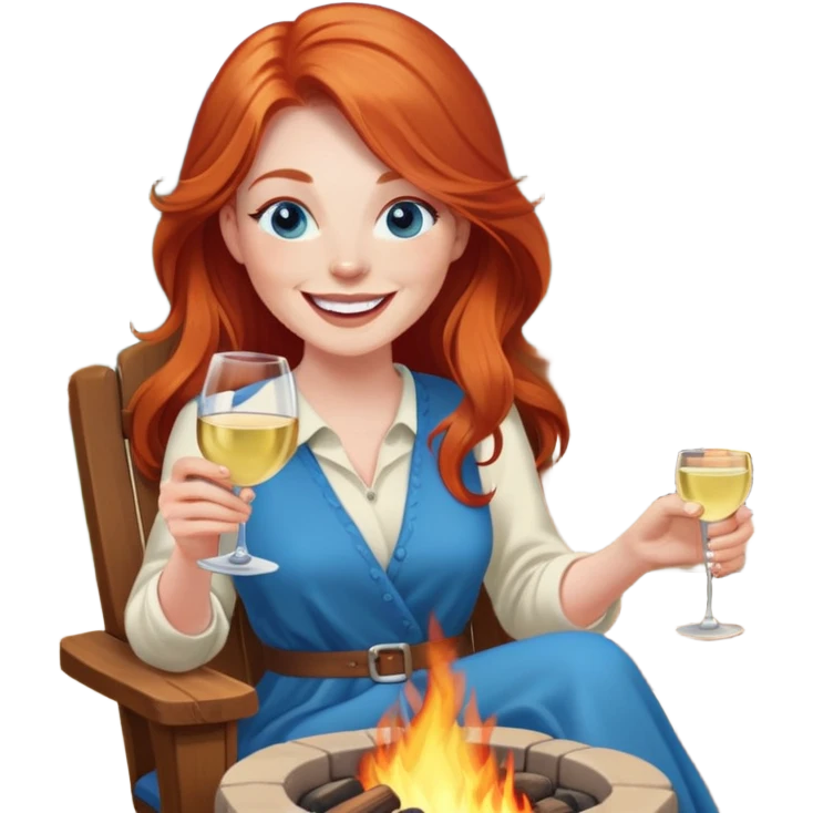 Laughing redhead with long hair and blue eyes holding white wine sitting in chair beside fire pit emoji