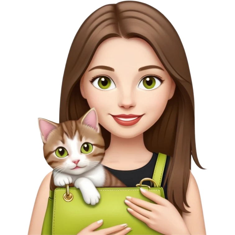 White Woman with super long straight brown hair, rosy lips, chartreuse eyes, cute happy smile holding a white and brown tabby kitten, wearing a black purse emoji