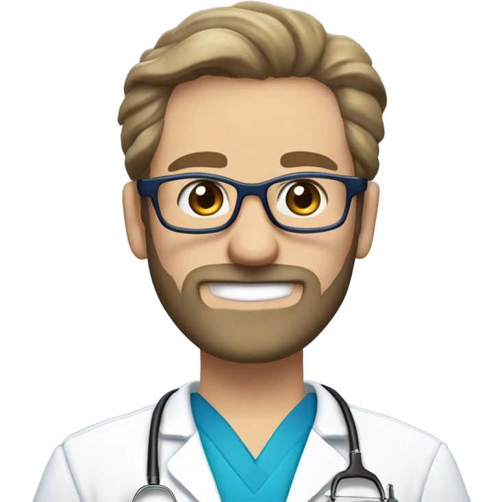 male dark blond haired doctor with grey van dyke beard with hazel eyes and small wire-rimmed glasses in blue scrubs holding a large paintbrush in one hand and a jigsaw in the other emoji