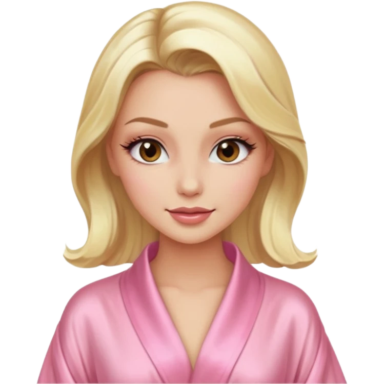 blonde model with brown eyes, luxury makeup, light pink silk robe, winking emoji