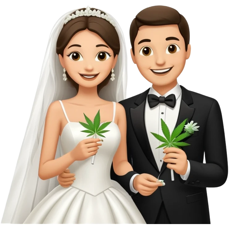 Bride in white dress and groom in tuxedo sharing a cannabis joint, cheerful cartoon wedding couple emoji