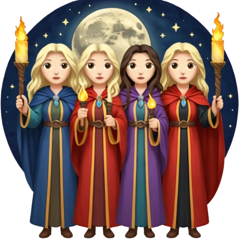 Three women with two torches and a moon emoji