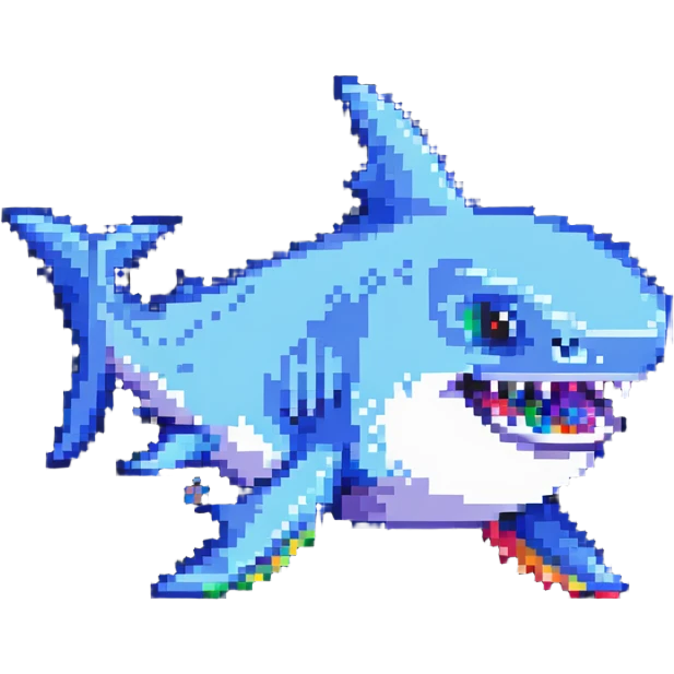 cute shark in colorful shoes in pixel art style emoji