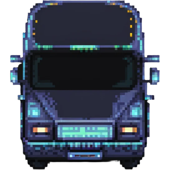 futuristic electric city bus with glowing lights, pixel art style emoji