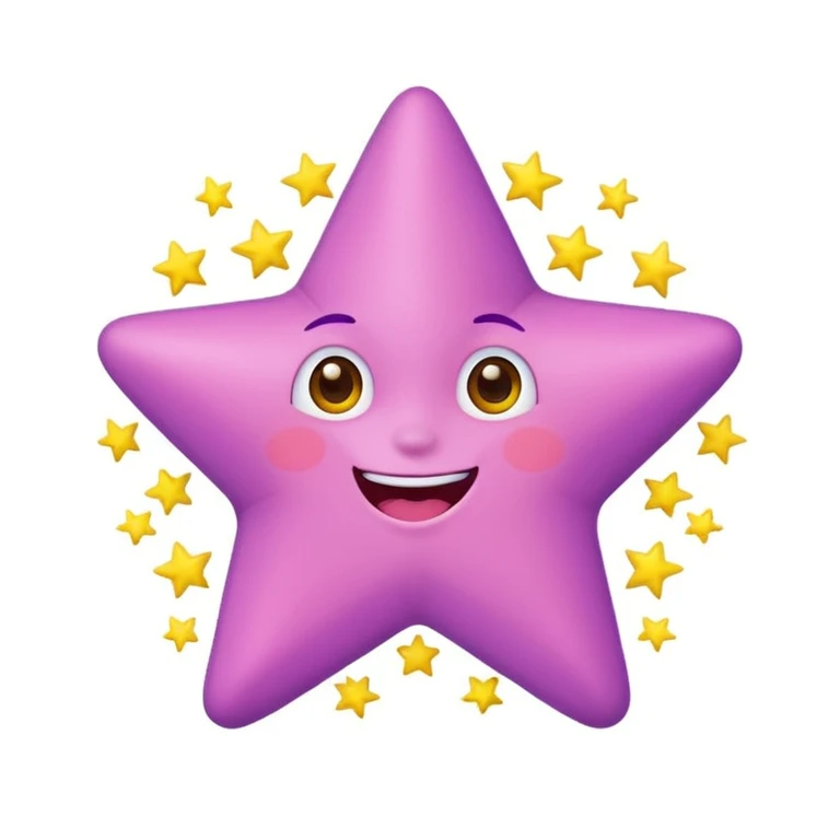 charming pink star with a cheerful expression, small yellow stars around it, purple background emoji
