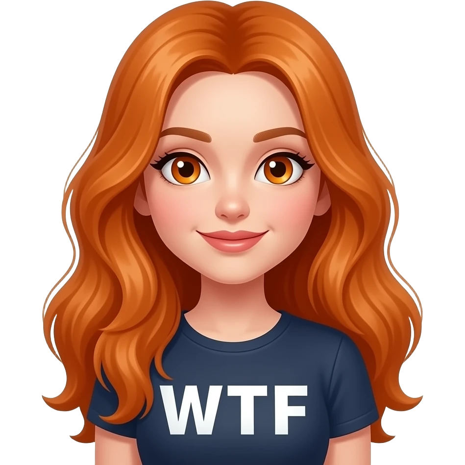 sexy girl with long ginger hair and ginger eyes a top with WTF written on it emoji
