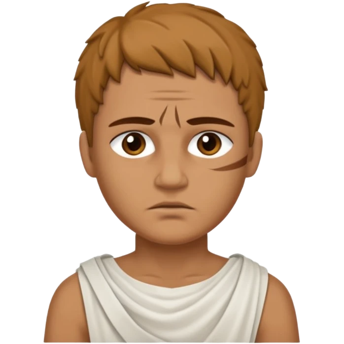Emoji portrait of a Roman slave. Plain tunic, scar on the face, downtrodden expression. emoji