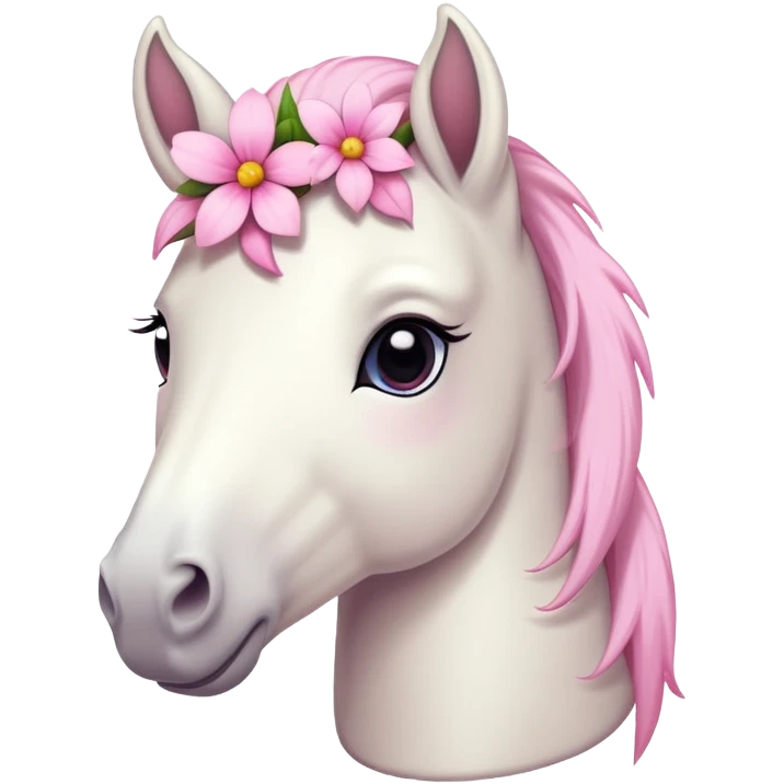 Une tête de poney blanc avec des fleurs rose sur la tête  emoji