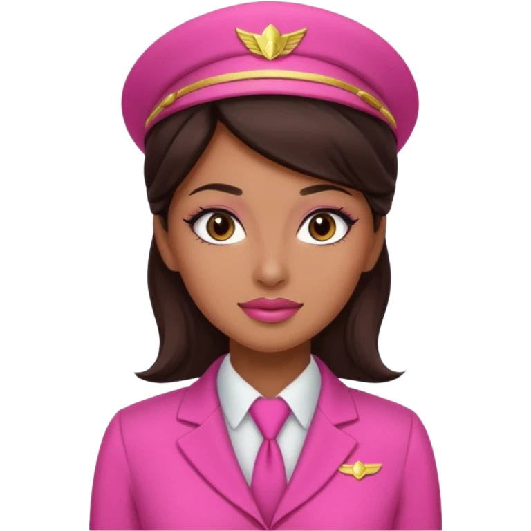 Flight attendant with pink outfit tan skin dark brown hair pretty makeup small mole by lip emoji