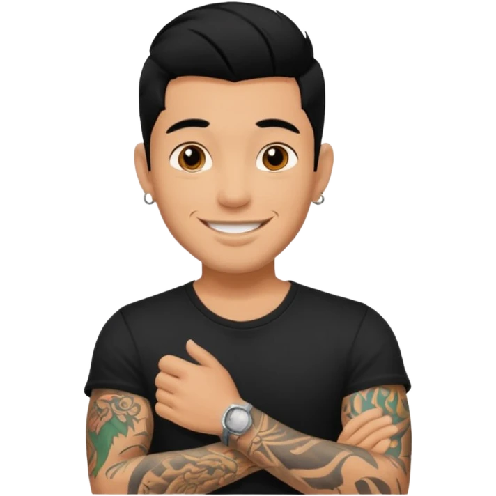 A man in tattoos handsome with flirty smile till legs black hair emoji