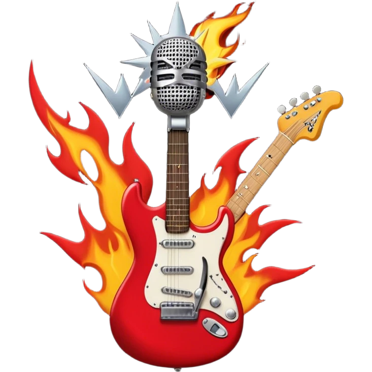 Create a bold and dynamic emoji representing rock vocal performance in a humanless collage. The design should feature a vintage microphone at the center, surrounded by key rock elements like an electric guitar, drumsticks, and a guitar pick. Include symbols of energy, such as lightning bolts or flames, and subtle musical notes or sound waves to evoke the raw power of rock vocals. Use dark, bold colors like black, silver, and red, with hints of chrome or metallic accents to convey the edgy, rebellious spirit of rock music. The background should be transparent. emoji