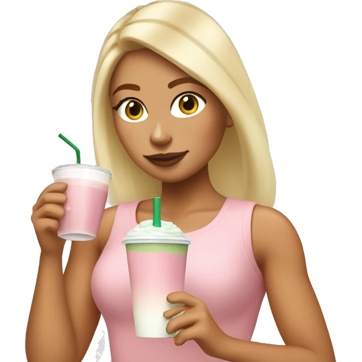 Swedish tanned Blonde girl with a pastel pink top drinking iced matcha latte ( not from Starbucks) emoji