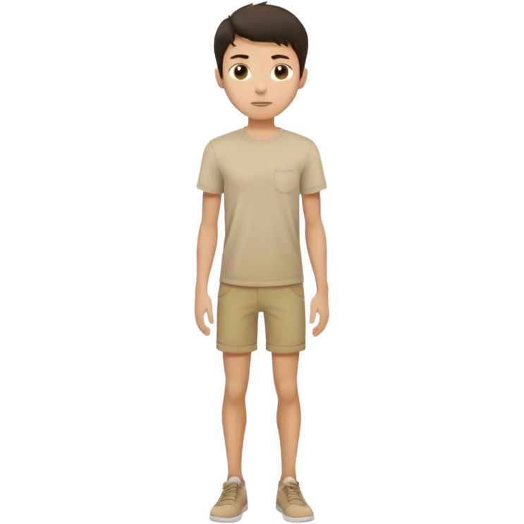 rapaz magro cabelo escuro, camiseta bege e  bermuda bege escuro, em pé de corpo inteiro  emoji