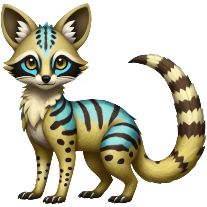 Rare realistic tropical exotic cute epic pretty beautiful handsome gorgeous aesthetic colorful vibrant Vernid-Protogen-Primagen-Wickerbeast-Genet-Trico-species-Fakemon-hybrid-creature by LiLaiRa, beautiful intricate markings, full body emoji