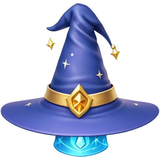 Clash of Clans aesthetic: Cinematic Playful Wizard's Hat Emoji, rendered in a 3D vector-style similar to standard emojis with minimal shading and bold, simplified shapes. A compact, isometric pointy hat with a wide brim adorned with mystical symbols and subtle enchanted shimmer, softly glowing with a magical whimsical charm. Simplified yet unmistakably iconic, highly detailed and consistent, glowing with a soft radiant glow and high shine. Stylized with a touch of classic sorcery and a soft glowing outline, capturing the essence of a legendary wizard’s hat with a friendly, playful manner! emoji