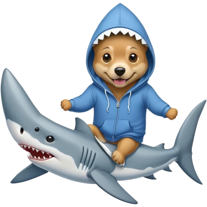Dog in hoodie riding shark emoji