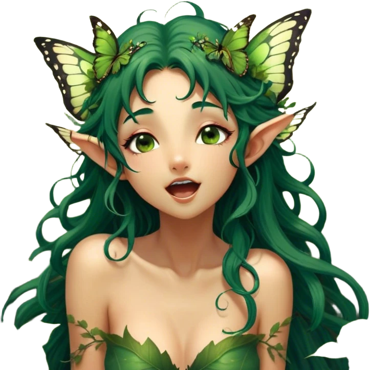 Cinematic Realistic Forest Nymph Fairy Portrait, head tilted slightly with a dramatic, wide-open yawn, revealing a tender, relaxed visage with finely detailed tanned skin and flowing, vine-adorned dark green hair gently framing her face. Her sleepy eyes exude a serene, dreamlike quality as soft natural sunlight filters through the canopy, showing her large butterfly wings from her back capturing the essence of a drowsy yet captivating forest nymph drifting into peaceful slumber. emoji
