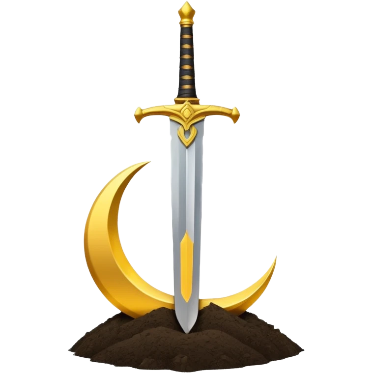 Minimalist emoji of a single upright sword planted into the ground with a glowing crescent rising behind it, representing inner discipline, Islamic strength, and the start of a new chapter. Flat icon style, transparent background emoji