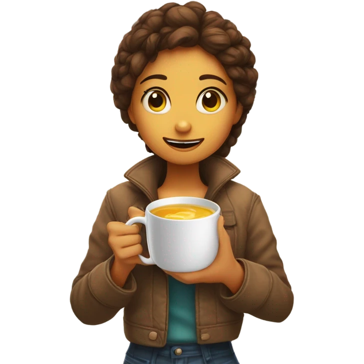 Chica de pelo y ojos marrones con pecas en la cara debajo de una manta y una taza humeante en las manos emoji