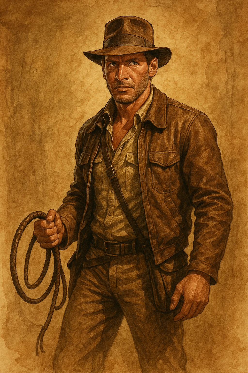 Indiana Jones inspired character, wearing a fedora hat, leather jacket, holding a whip, adventurous expression, iconic explorer look emoji