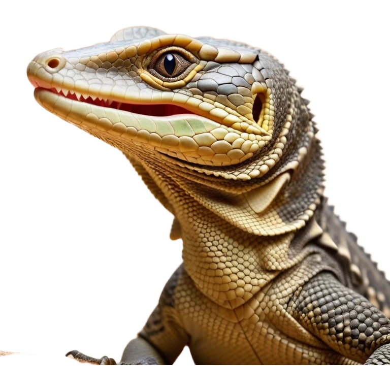 Cinematic Realistic Cute Yawning Monitor Lizard Portrait Emoji, Head tilted slightly with a dramatic, wide-open yawn, showcasing a soft, textured scaled hide with subtly drooping features and half-closed, drowsy eyes, rendered with meticulous natural detail and warm shadows, high shine, relaxed yet expressive, styled with a dash of desert charm, soft glowing outline, capturing the essence of a sleepy yet affectionate monitor lizard that appears ready to stretch out for a restful nap! emoji