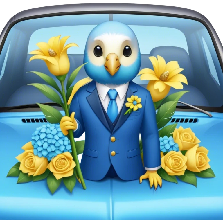 cute budgie on a car in a suit holding flowers  emoji