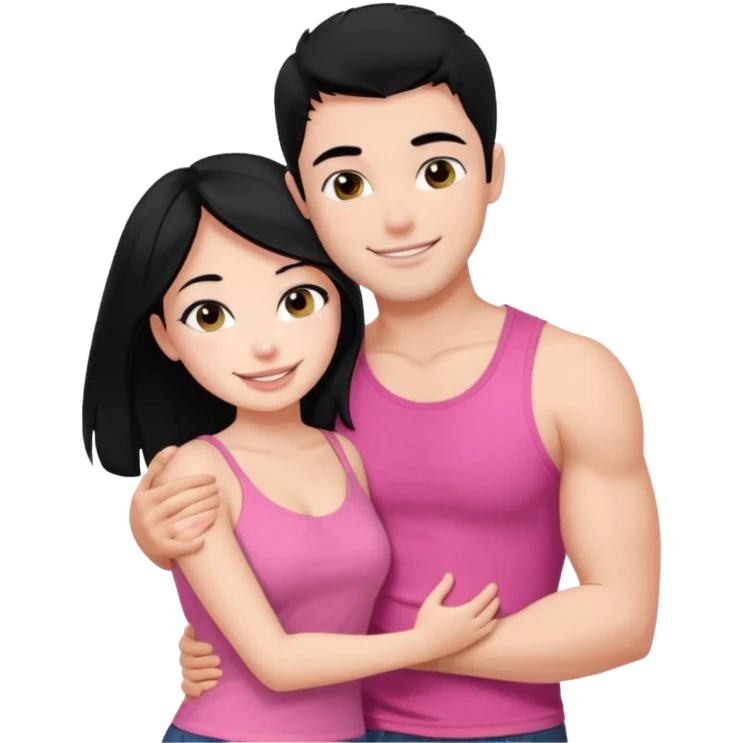 a pretty bratz fair girl. black hair, wearing a pink cami top, she is hugging a handsome fair guy with black hair. lean but muscular.the boy is wearing a black tshirt emoji