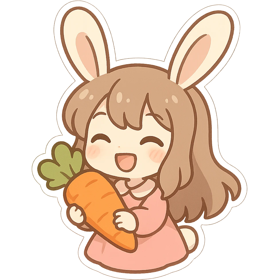 bunny girl with long ears and a carrot, cheerful and cute, chibi stickers style emoji