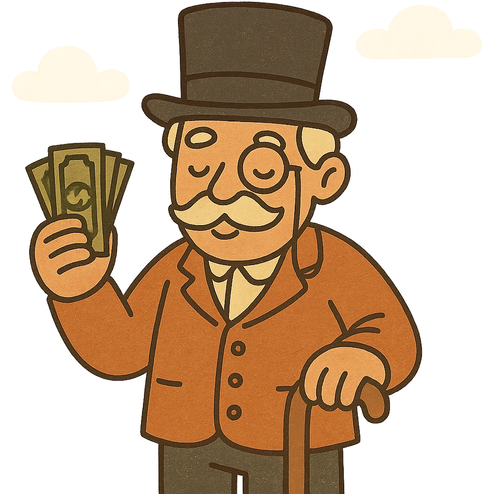 old white man with a top hat, monocle in left eye, holding stacks of money in right hand and a wooden cane in left hand, cartoon style emoji