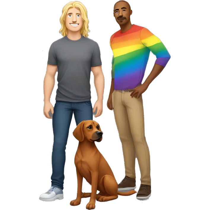 white male with long rainbow colored hair standing alongside a brown rhodesian ridgeback emoji