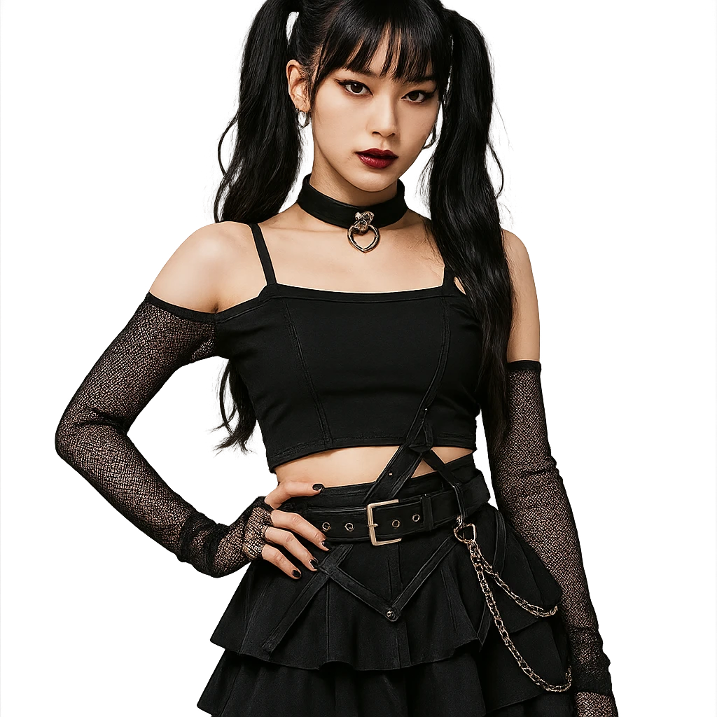 gothic K-pop girl, stylish black stage outfit, trendy hair, confident pose, dark and edgy pop style emoji