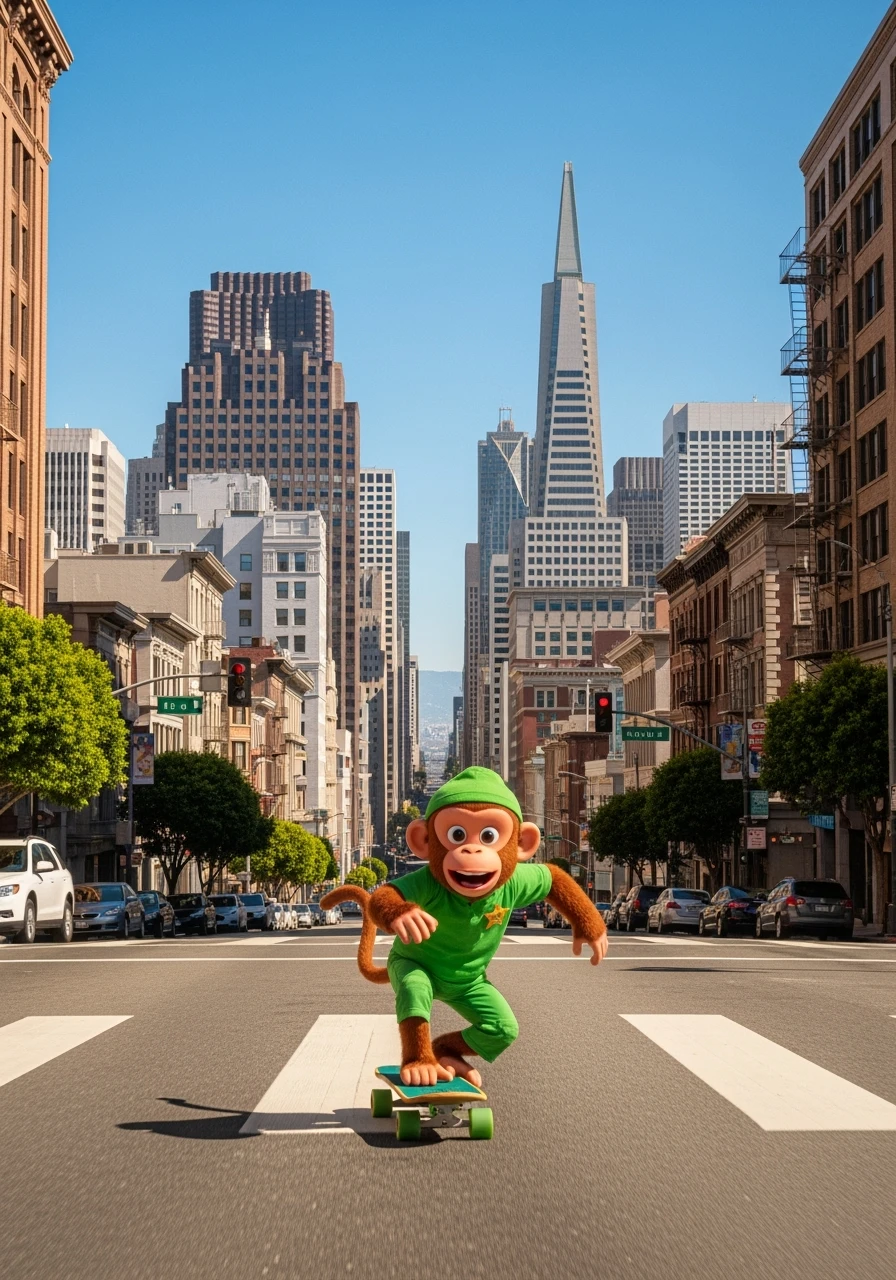 Disney style Cinematic still scane, Low angle shot, monkey dress in green outfit, monkey ride on skateboard, san francisno downtown with city lanscape, blue clean sky, captured by ARRI Alexa XT, soft cinematic lightning, back light, inspired by ToyStory 4 emoji
