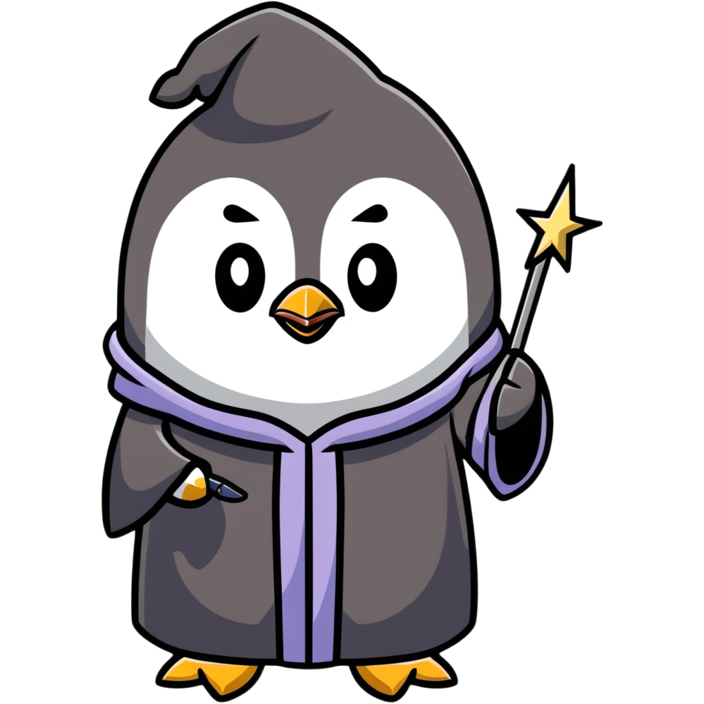 penguin wizard with a starry robe and wand emoji