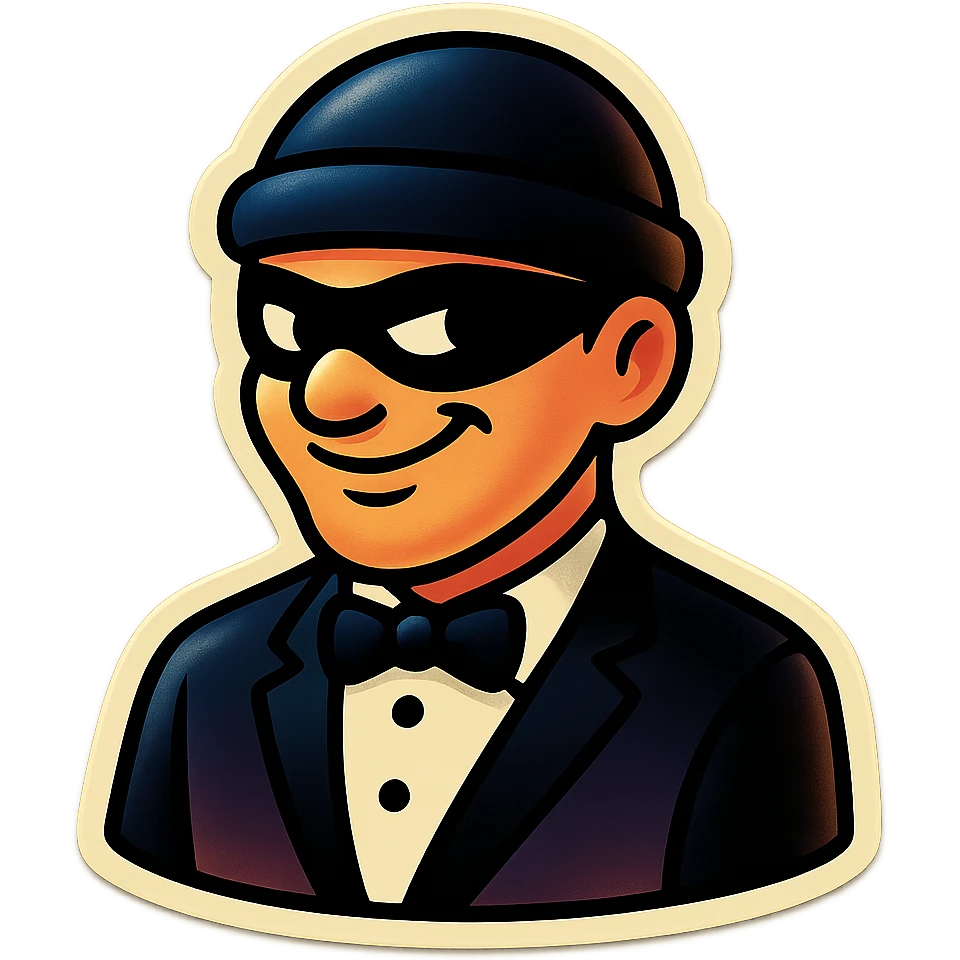thief emoji in a black and white tuxedo, sly grin, simple background emoji