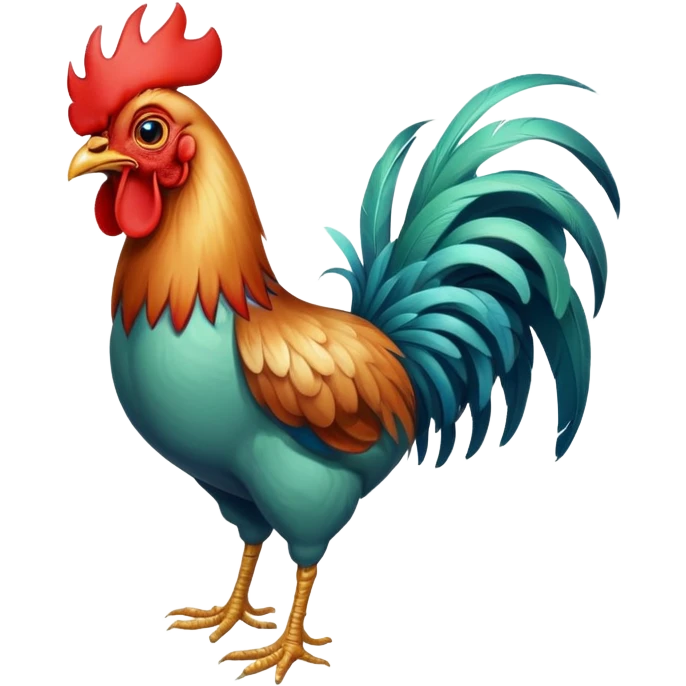 A funny rooster chicken with blue-greenish body, red comb, large eyes and silly expression, skinny legs emoji
