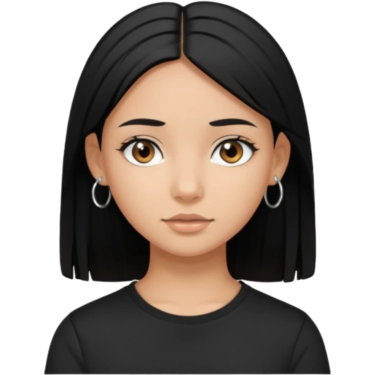 a pretty bratz girl with straight black hair wearing a black tshirt and silver hoops. tan girl emoji