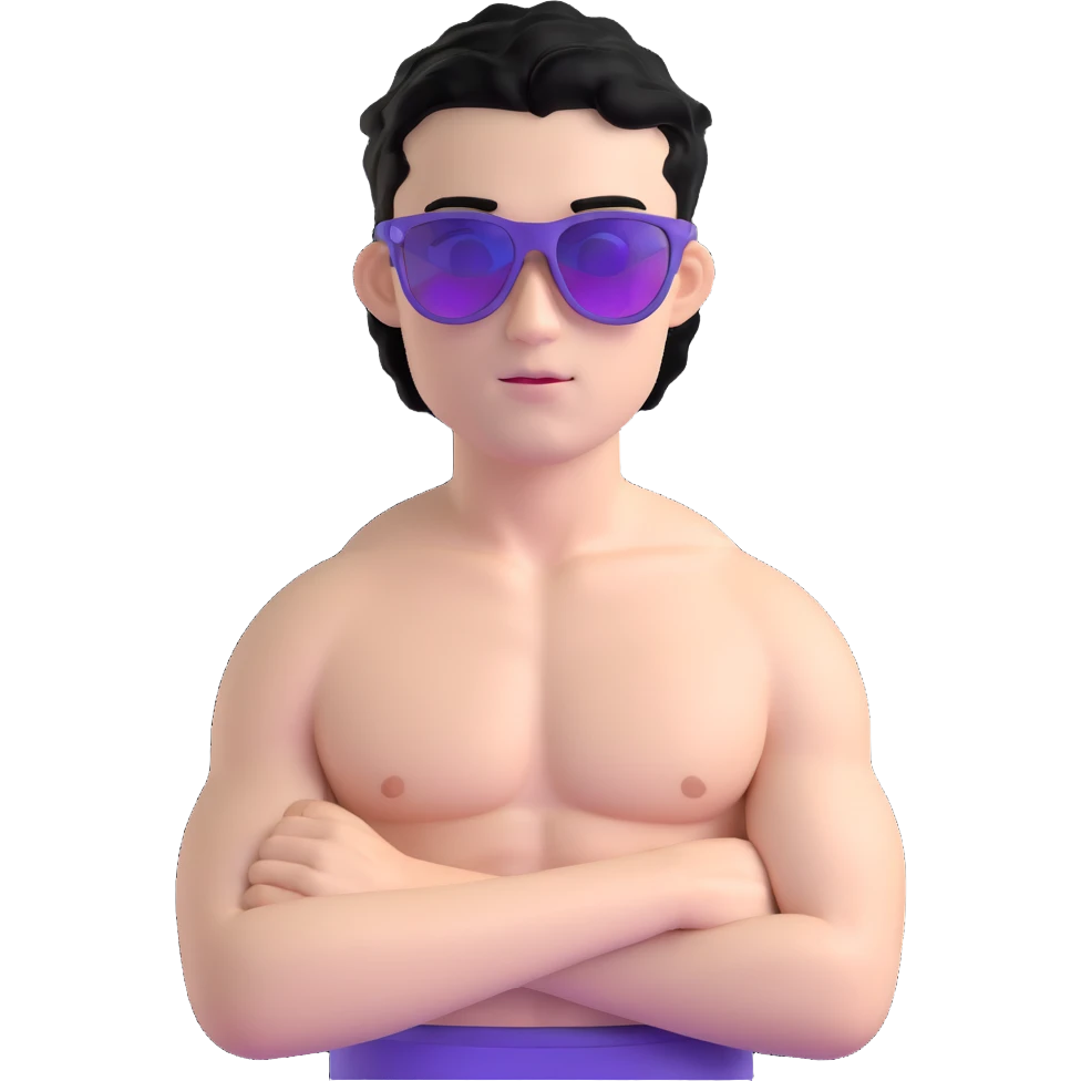 shirtless male athlete with white skin and moderately curly black hair on top with shaved sides, wearing purple sunglasses with black tinted lenses emoji