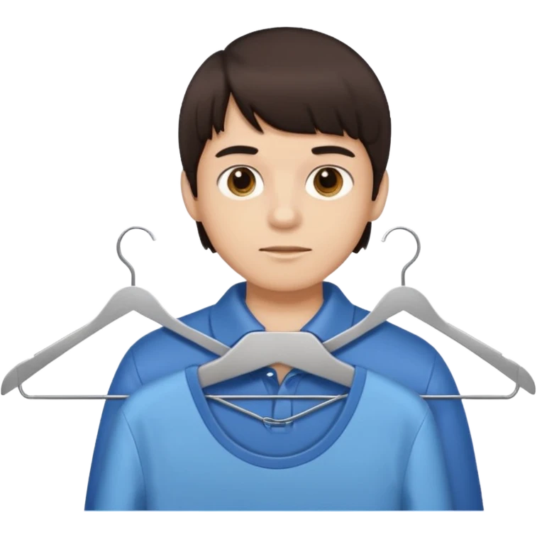 boy dark brown hair with bangs with straight eyebrows with  clothing hanger emoji