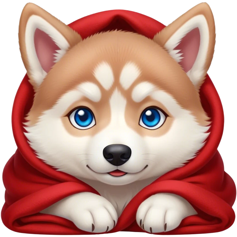 kawaii disney red siberia husky puppy with blue eyes, cozy in a red blanket emoji